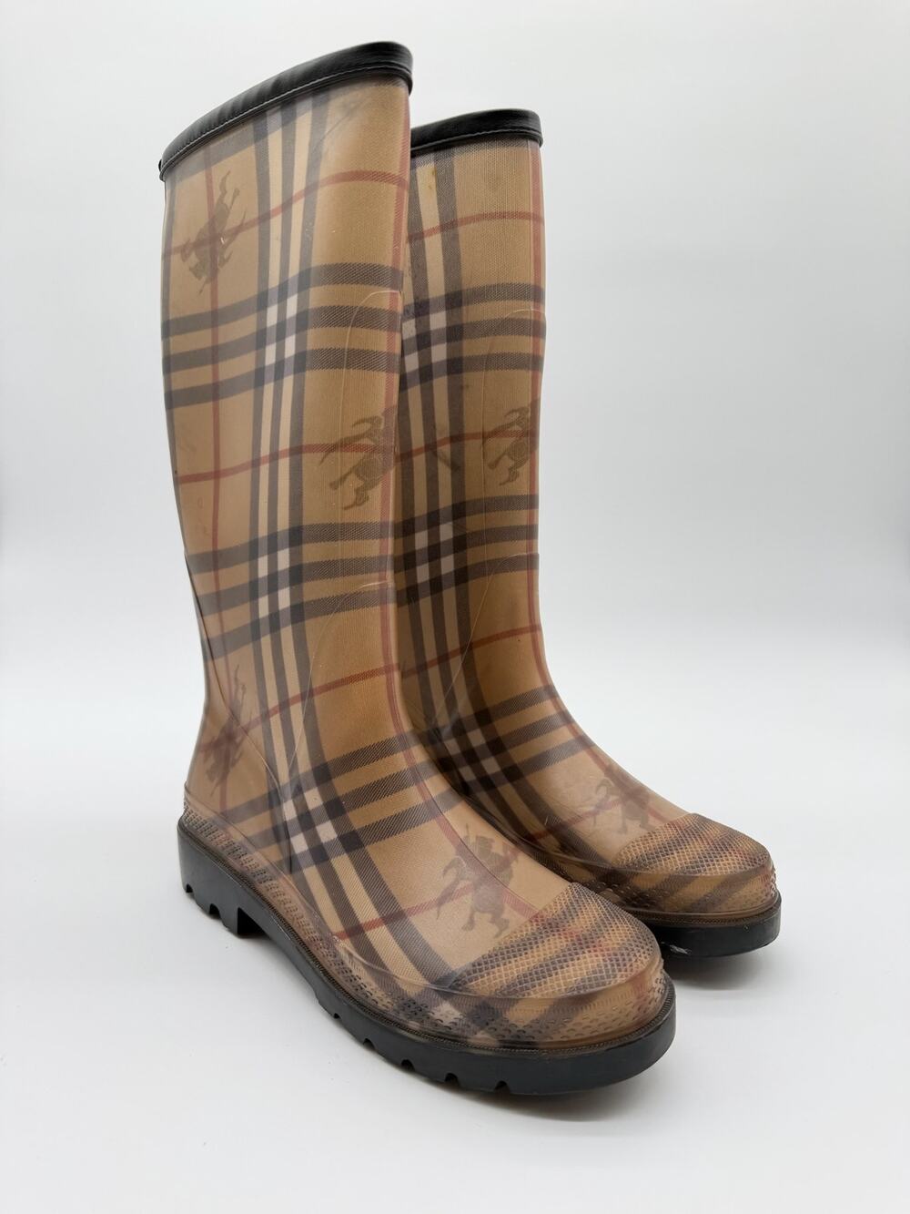 Burberry | Haymarket Check Rubber Tall Rain Boots Beige Plaid Size 39 / 8.5